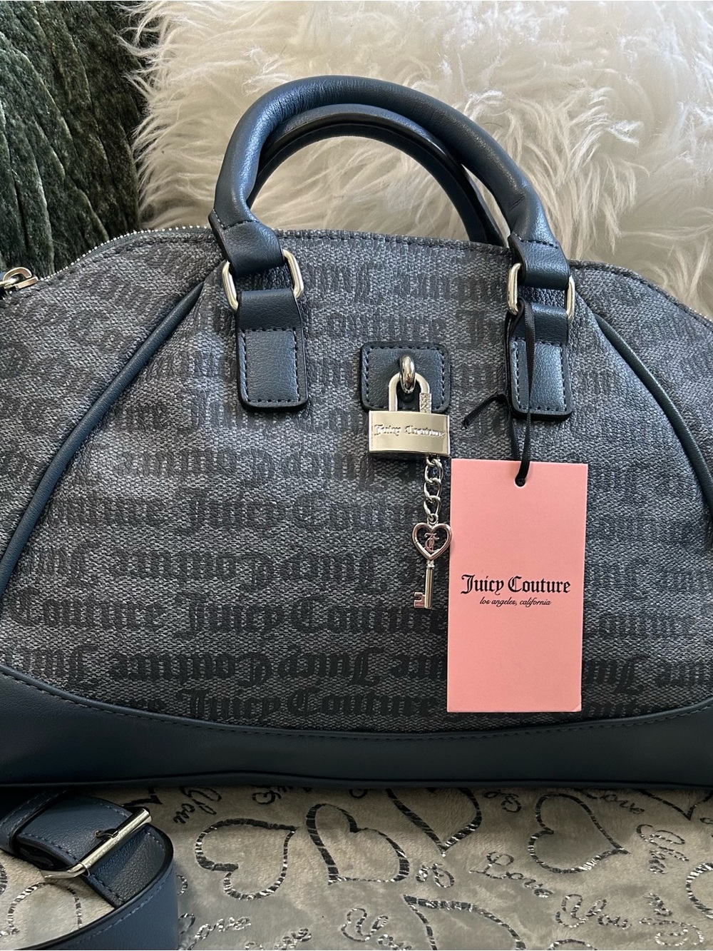 NWT Juicy Couture, Small Denim East/Westside Monogram Satchel w/Heart Key Charm